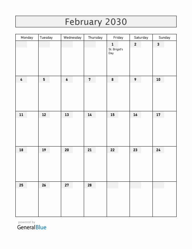 Ireland February 2030 Calendar with Holidays