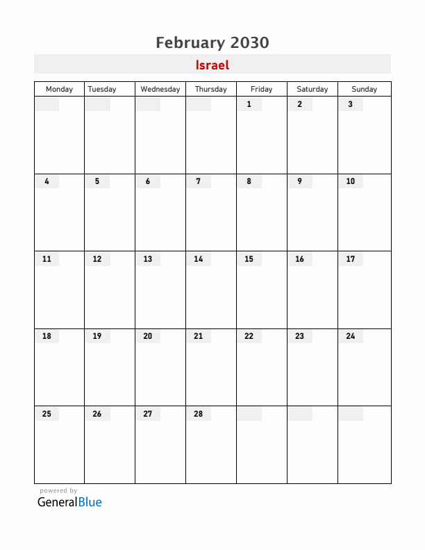 Israel February 2030 Calendar with Holidays