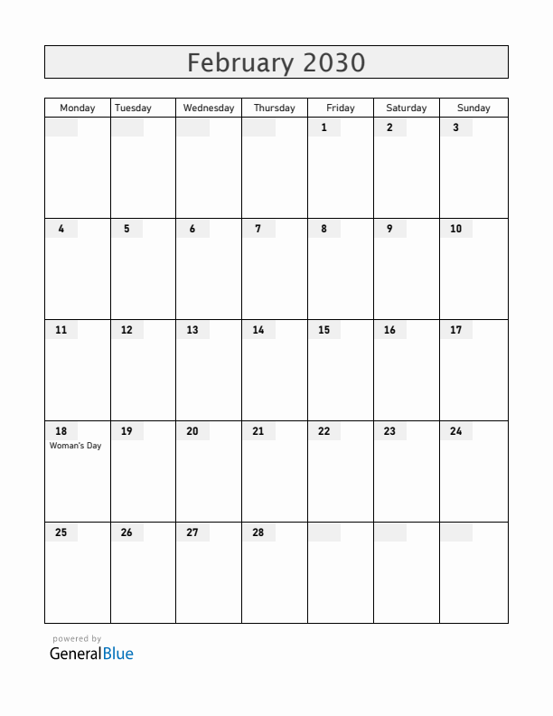 Iceland February 2030 Calendar with Holidays