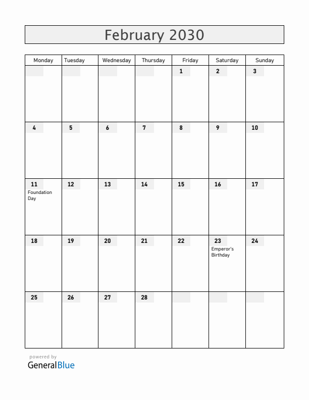 Japan February 2030 Calendar with Holidays