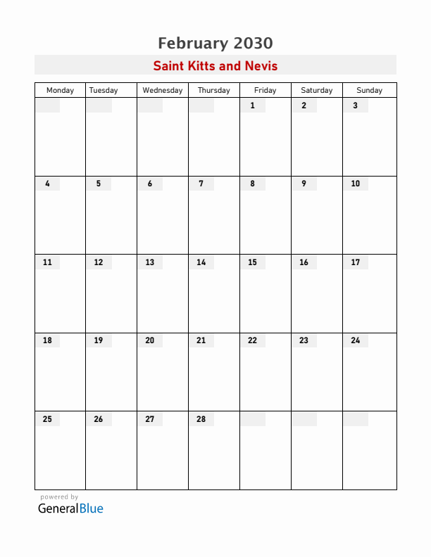 Saint Kitts and Nevis February 2030 Calendar with Holidays