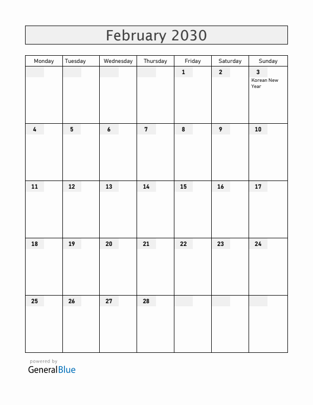 South Korea February 2030 Calendar with Holidays
