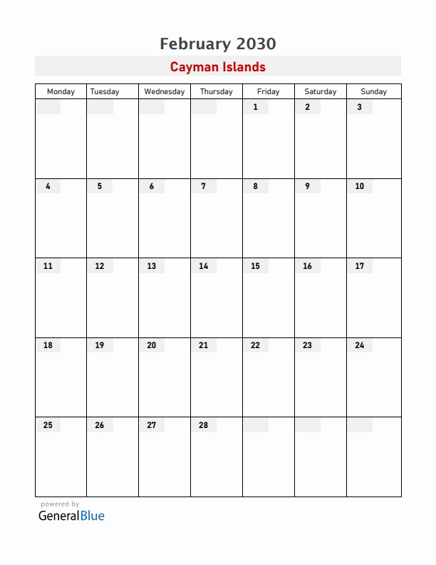 Cayman Islands February 2030 Calendar with Holidays