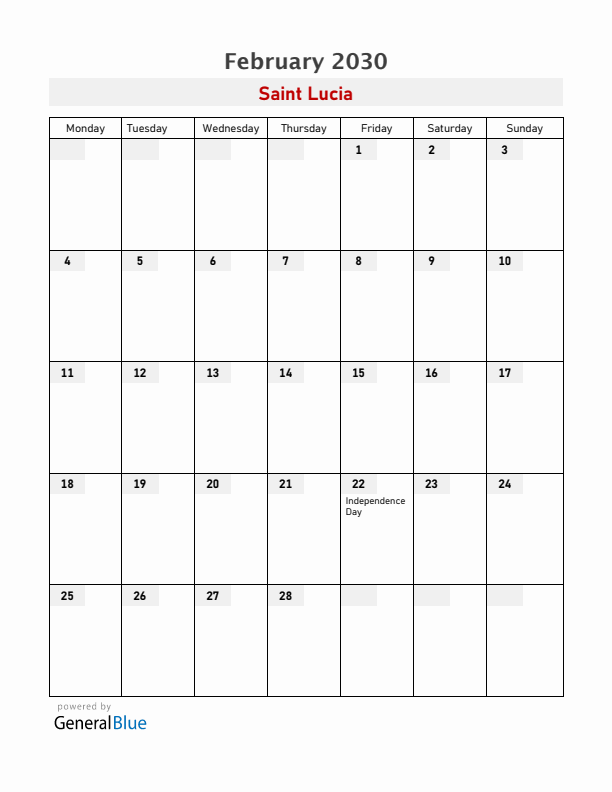 Saint Lucia February 2030 Calendar with Holidays