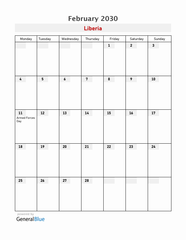 Liberia February 2030 Calendar with Holidays
