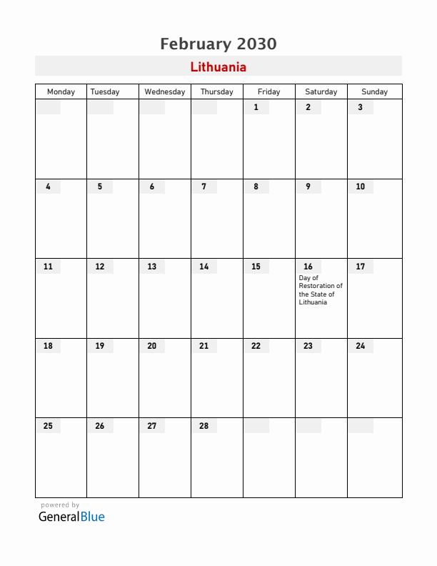 Lithuania February 2030 Calendar with Holidays