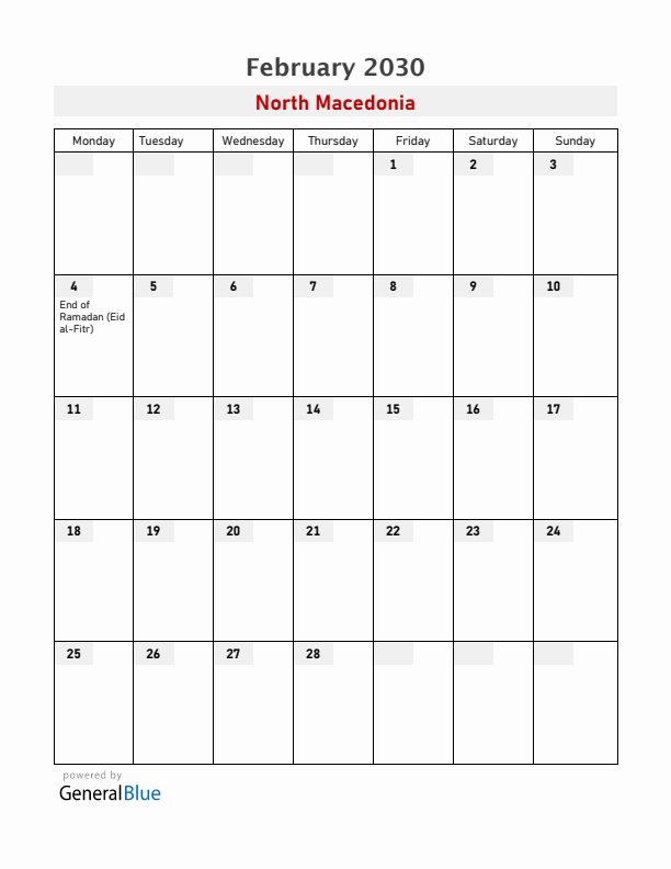 North Macedonia February 2030 Calendar with Holidays