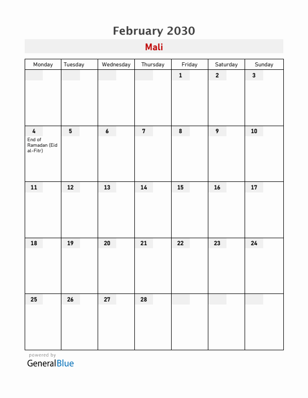 Mali February 2030 Calendar with Holidays