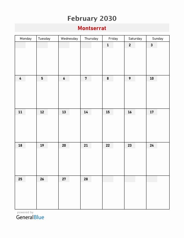 Montserrat February 2030 Calendar with Holidays
