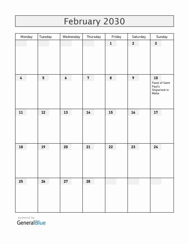 Malta February 2030 Calendar with Holidays