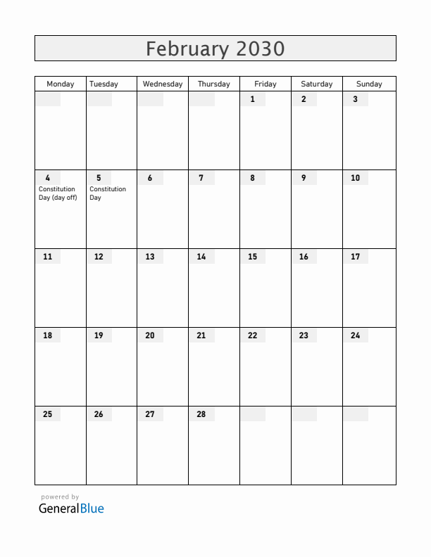 Mexico February 2030 Calendar with Holidays