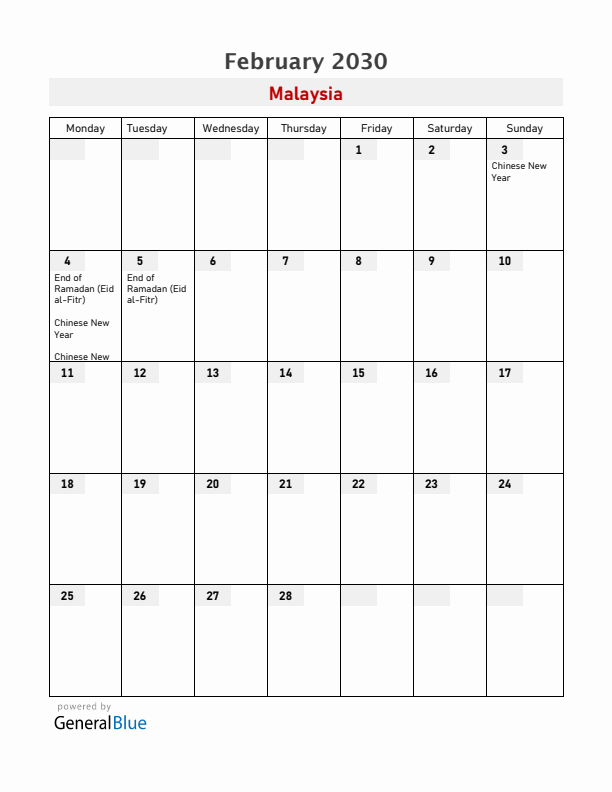 Malaysia February 2030 Calendar with Holidays