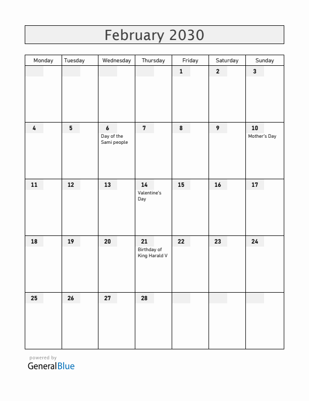 Norway February 2030 Calendar with Holidays