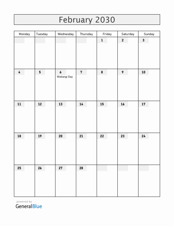 New Zealand February 2030 Calendar with Holidays