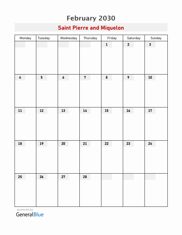 Saint Pierre and Miquelon February 2030 Calendar with Holidays