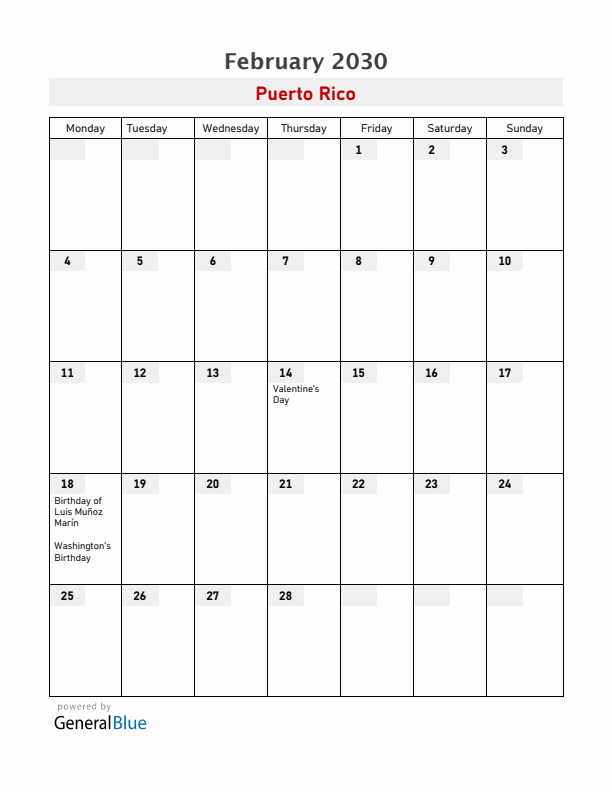 Puerto Rico February 2030 Calendar with Holidays