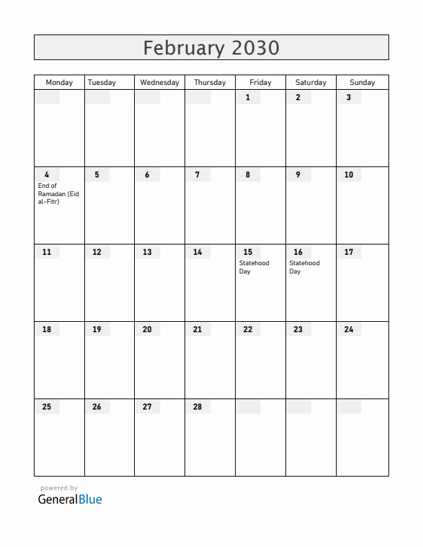 Serbia February 2030 Calendar with Holidays
