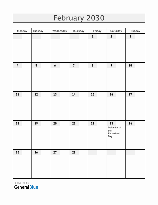 Russia February 2030 Calendar with Holidays