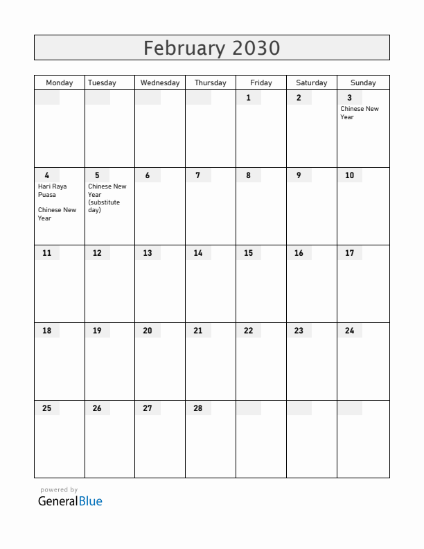 Singapore February 2030 Calendar with Holidays