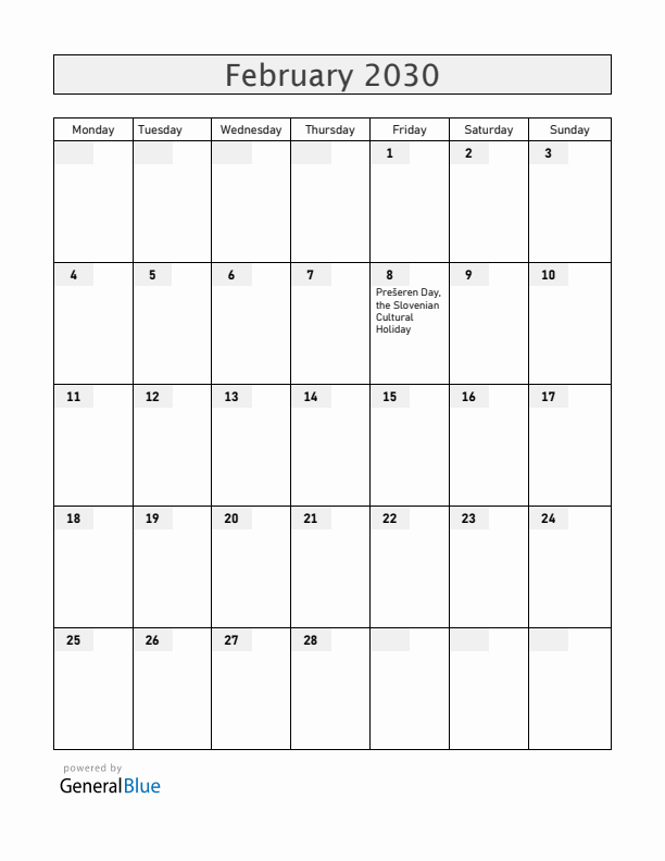 Slovenia February 2030 Calendar with Holidays