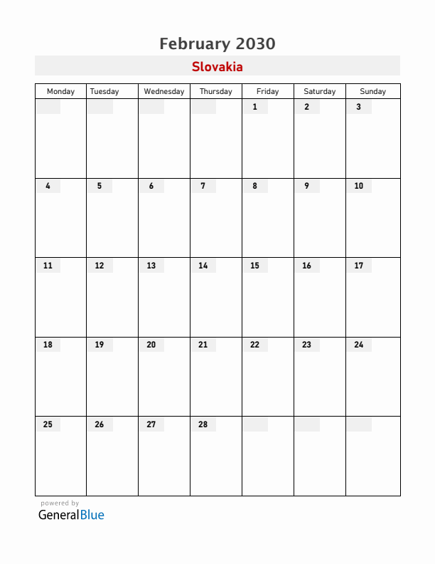 Slovakia February 2030 Calendar with Holidays