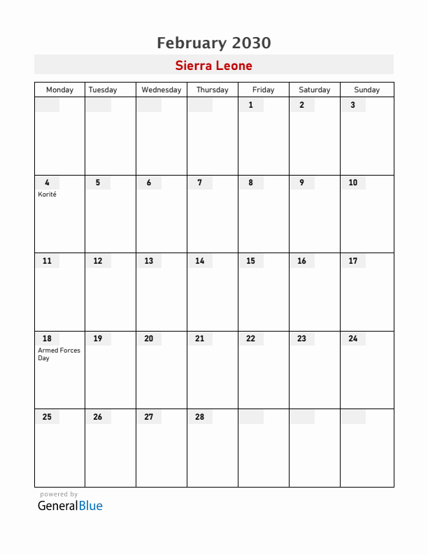 Sierra Leone February 2030 Calendar with Holidays
