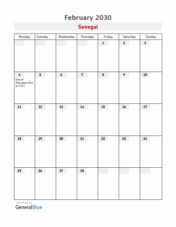 Senegal February 2030 Calendar with Holidays