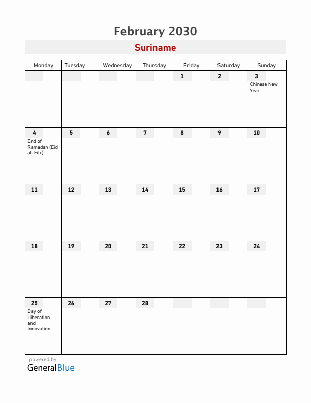 Suriname February 2030 Calendar with Holidays