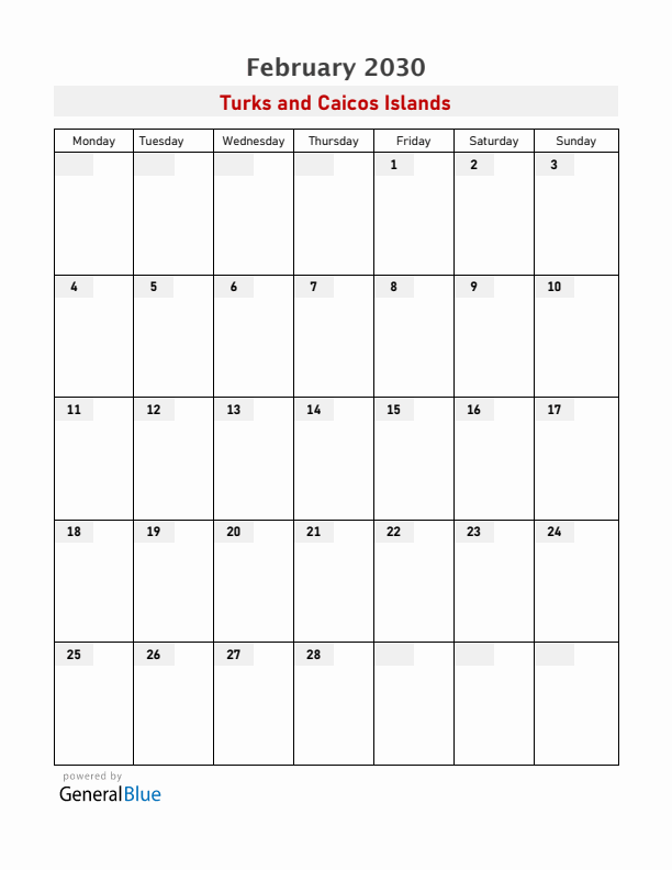 Turks and Caicos Islands February 2030 Calendar with Holidays