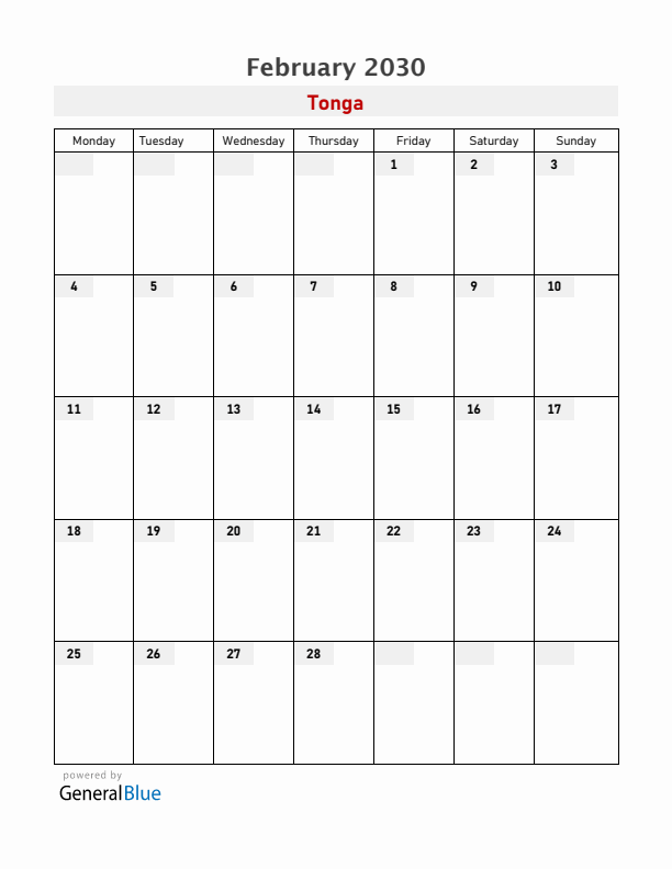 Tonga February 2030 Calendar with Holidays