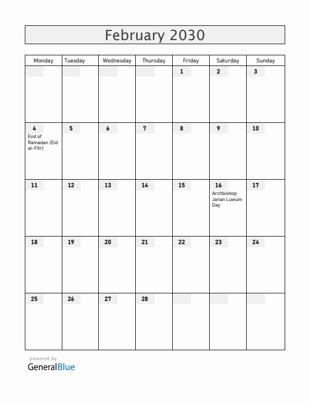 Uganda February 2030 Calendar with Holidays