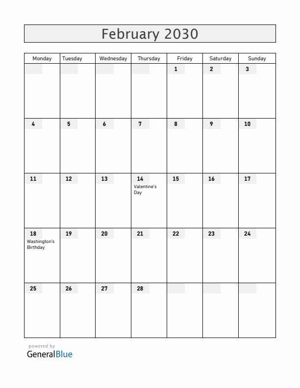 United States February 2030 Calendar with Holidays