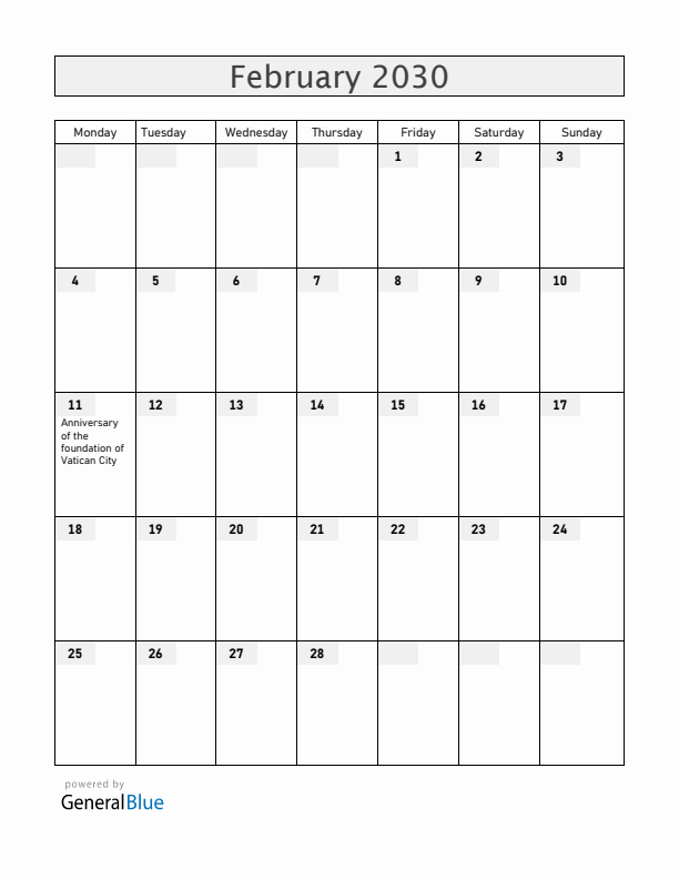 Vatican February 2030 Calendar with Holidays