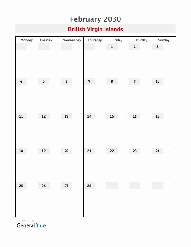 British Virgin Islands February 2030 Calendar with Holidays