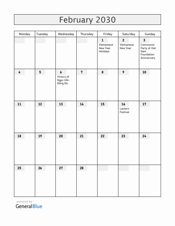 Vietnam February 2030 Calendar with Holidays