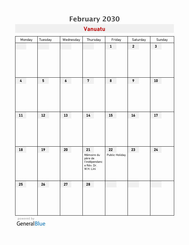 Vanuatu February 2030 Calendar with Holidays