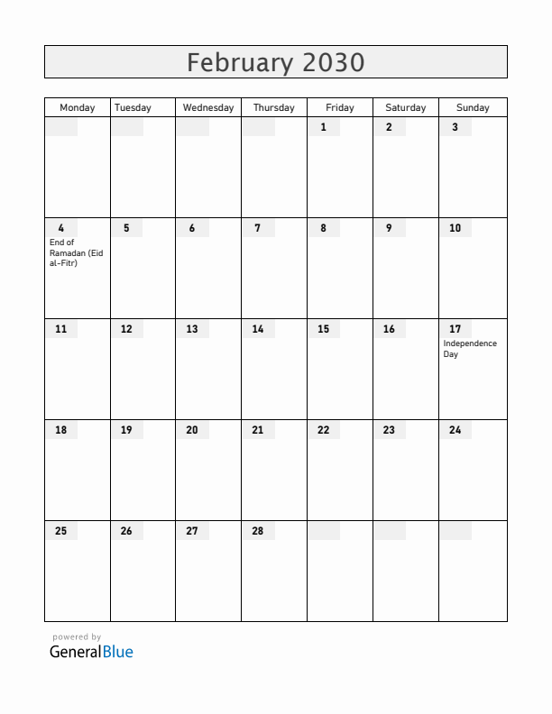 Kosovo February 2030 Calendar with Holidays