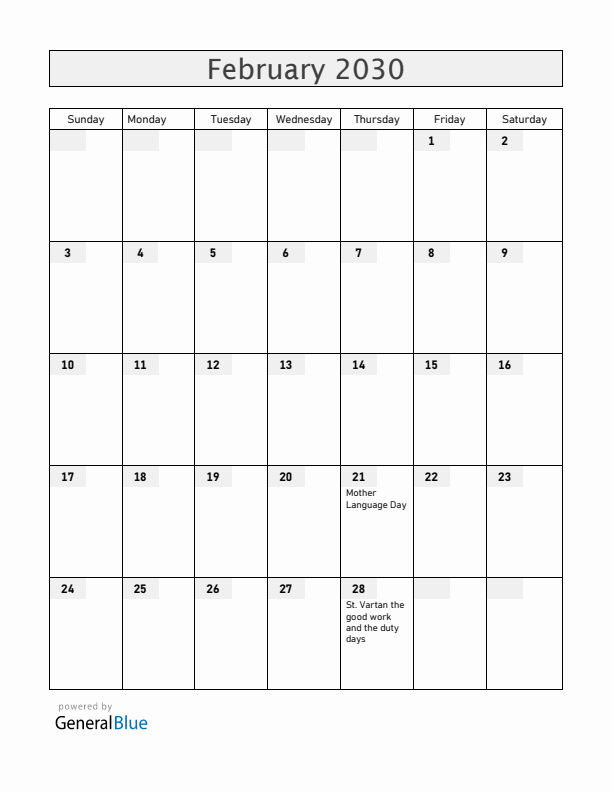 Armenia February 2030 Calendar with Holidays