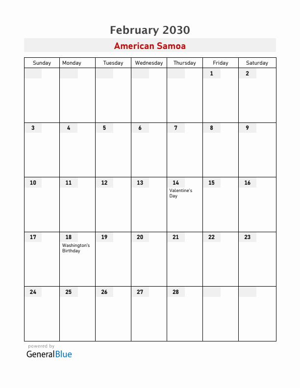 American Samoa February 2030 Calendar with Holidays