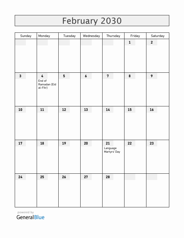 Bangladesh February 2030 Calendar with Holidays