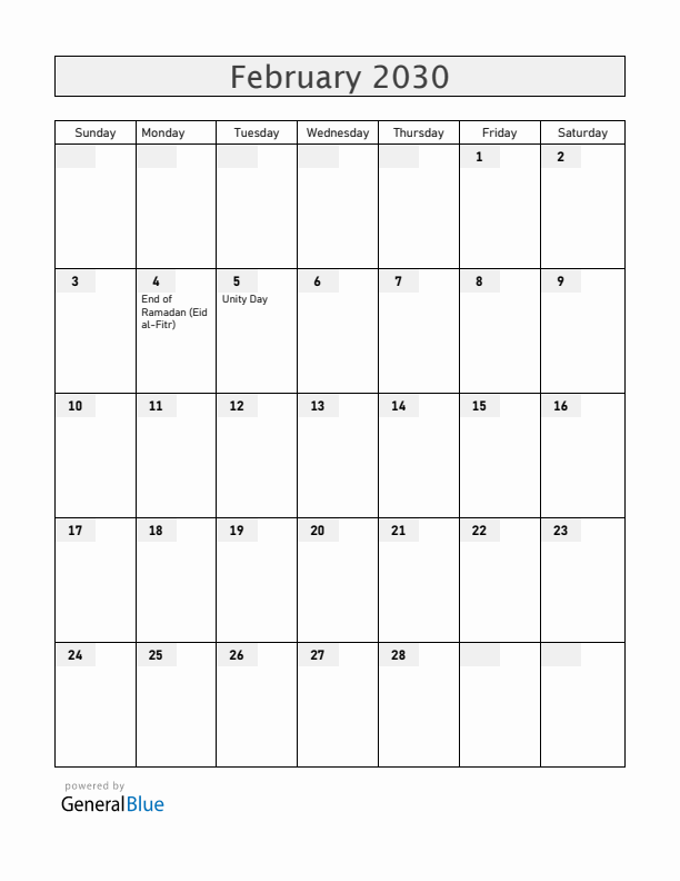 Burundi February 2030 Calendar with Holidays