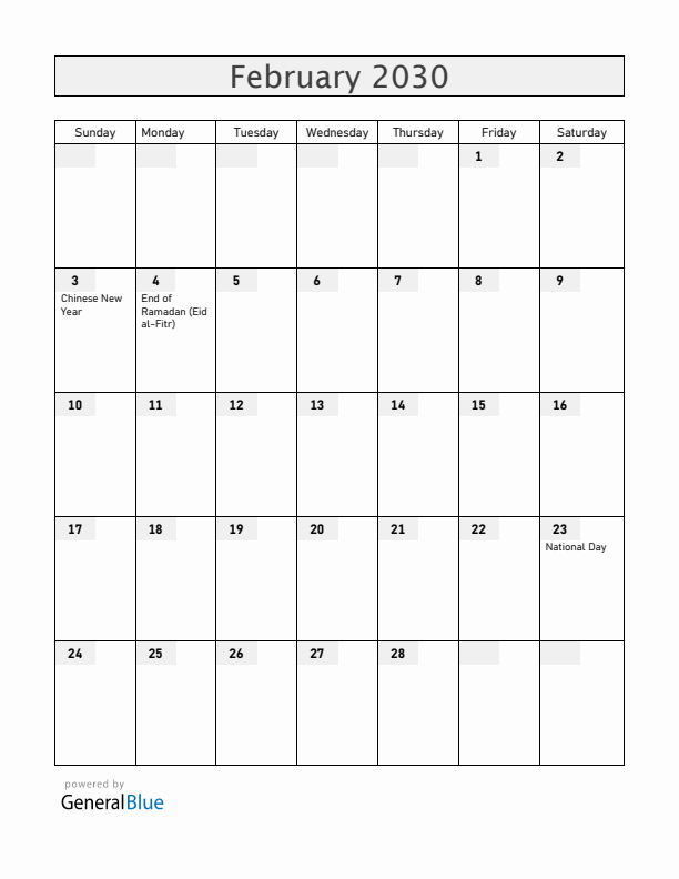 Brunei February 2030 Calendar with Holidays