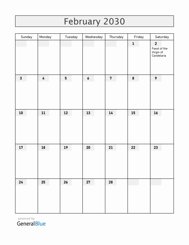 Bolivia February 2030 Calendar with Holidays