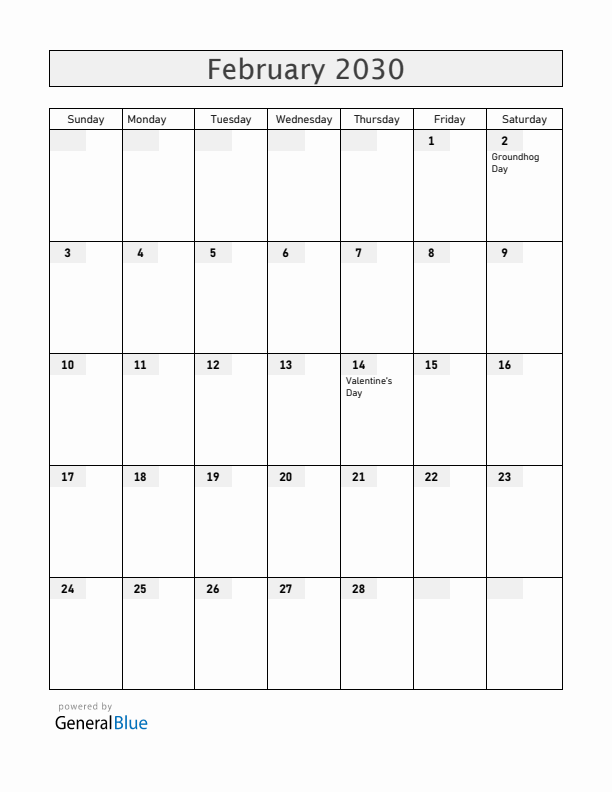 Canada February 2030 Calendar with Holidays