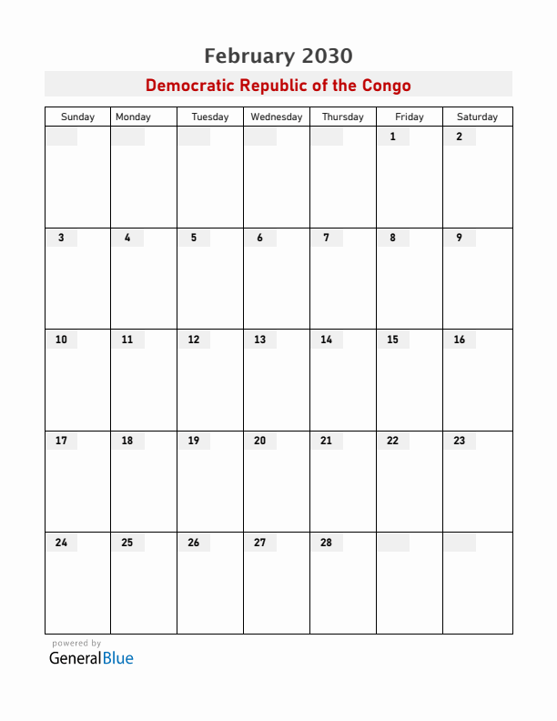 Democratic Republic of the Congo February 2030 Calendar with Holidays
