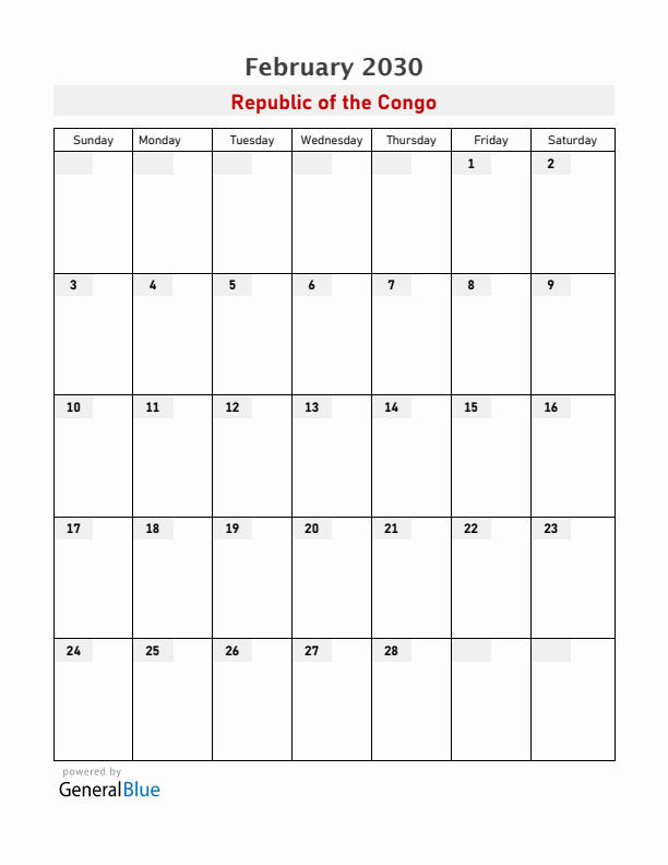 Republic of the Congo February 2030 Calendar with Holidays