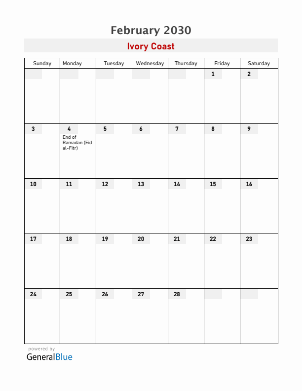 Ivory Coast February 2030 Calendar with Holidays