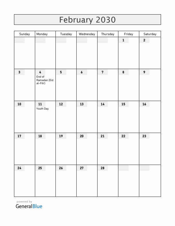 Cameroon February 2030 Calendar with Holidays