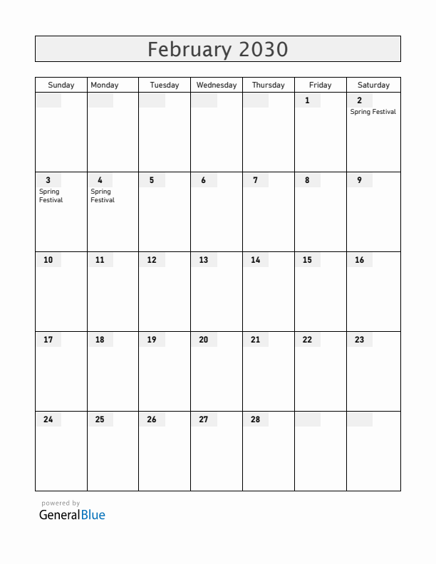 China February 2030 Calendar with Holidays