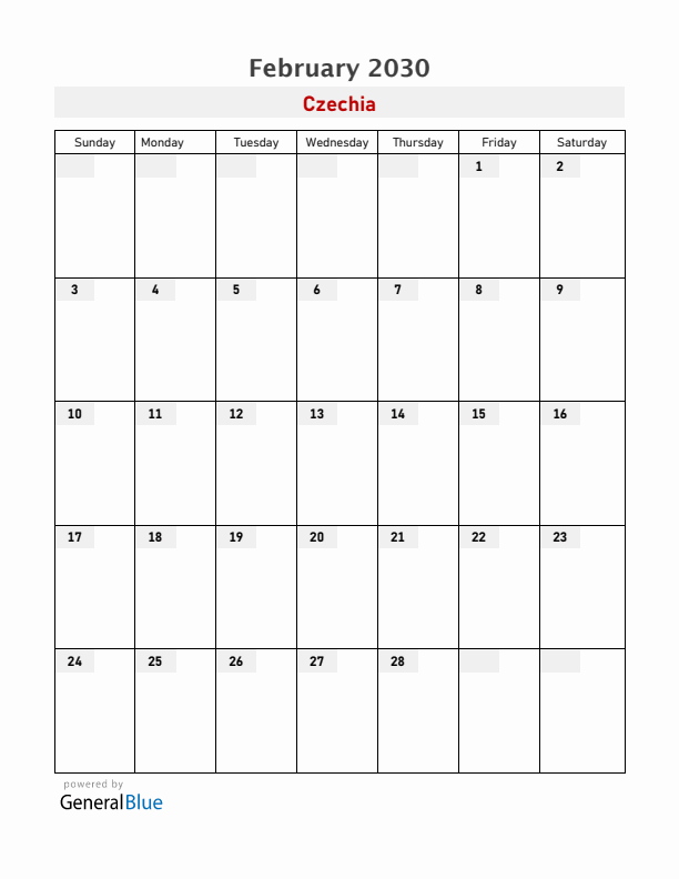 Czechia February 2030 Calendar with Holidays